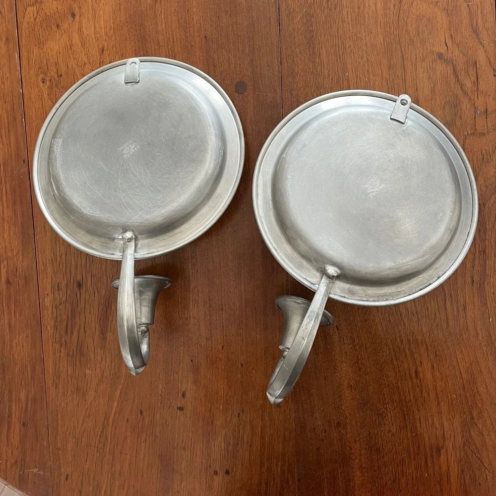 Vintage Pewter Candle Wall Sconce Pair Colonial Metal Reflection Taper Holder